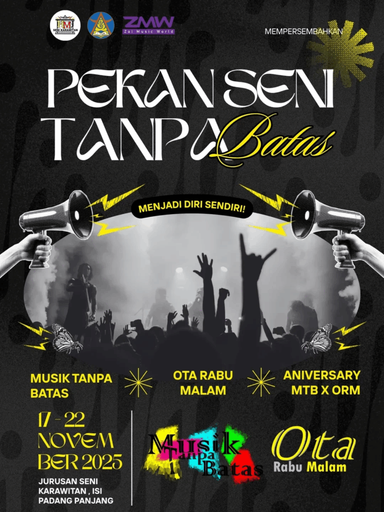 Padangpanjang, November 2025 — Himpunan Mahasiswa Jurusan (HMJ) Seni Karawitan ISI Padangpanjang akan menyelenggarakan kegiatan “Pekan Seni Tanpa Batas: Refleksi Perjalanan Ota Rabu Malam & Musik Tanpa Batas” pada 17–22 November 2025. Kegiatan ini merupakan perayaan perjalanan dua ruang kreatif penting di Sumatera Barat, yaitu Ota Rabu Malam (ORM) yang memasuki usia 12 tahun dan Musik Tanpa Batas (MTB) yang telah berjalan 11 tahun.