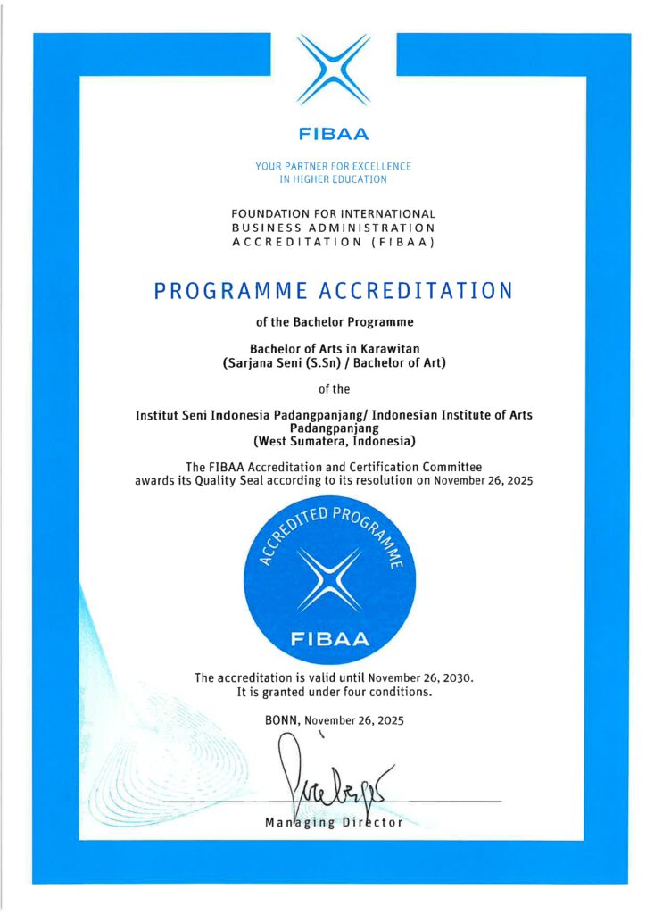 Padangpanjang — Program Studi Seni Karawitan Institut Seni Indonesia (ISI) Padangpanjang kembali menorehkan prestasi membanggakan di tingkat internasional. Setelah melalui proses panjang dan evaluasi komprehensif, Prodi Seni Karawitan resmi meraih akreditasi internasional dari Foundation for International Business Administration Accreditation (FIBAA). Capaian ini menandai pengakuan global atas mutu pendidikan, tata kelola akademik, serta relevansi kurikulum Prodi Seni Karawitan ISI Padangpanjang.